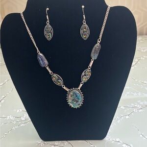 Abalone biwa pearl mystic topaz necklace and mystic topaz earrings.